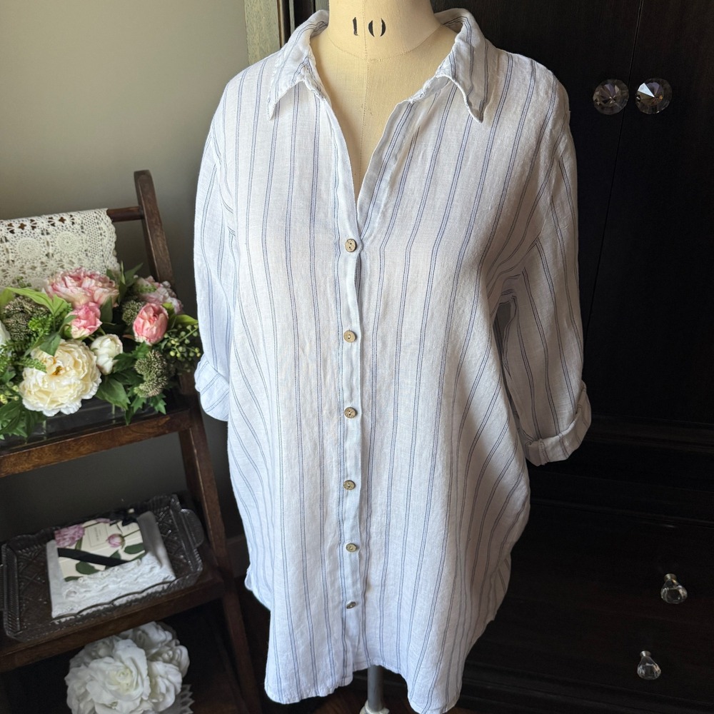 Italian Linen Tunic Shirt‎ White Blue Striped Roll Tab Sleeve Size L Coastal